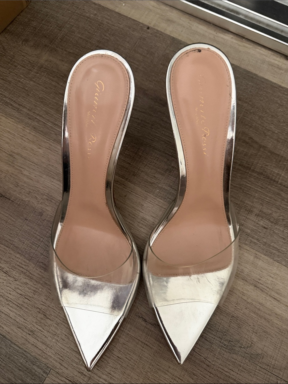 Gianvito Rossi Silver Pointed Clear-Vamp Mules